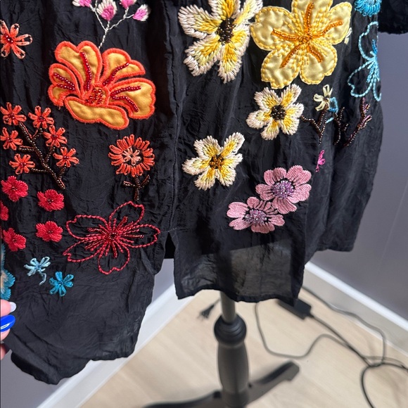 Johnny Was Black Top with Multicolor Floral Embroidery - Picture 2 of 5